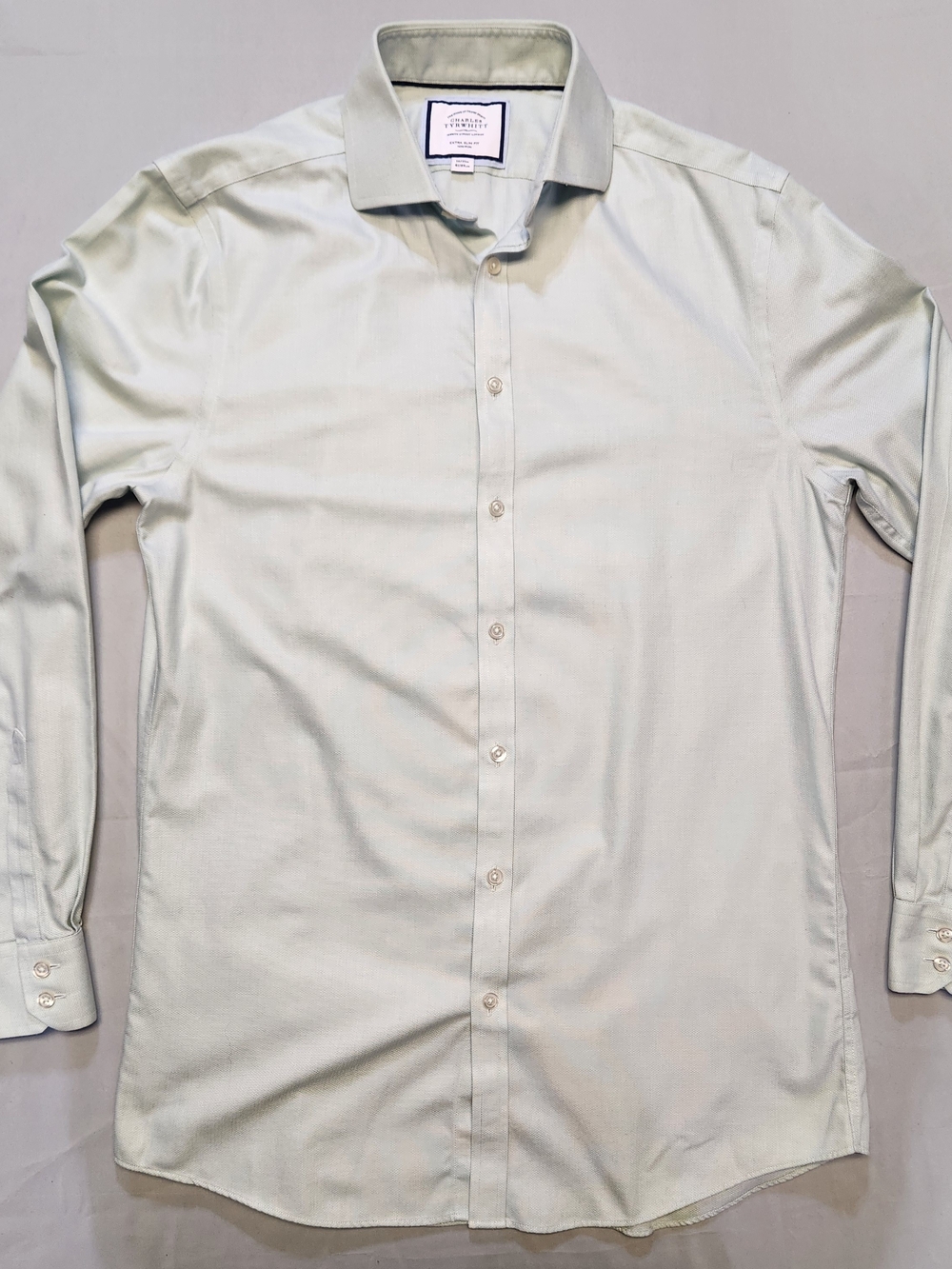 Charles Tyrwhitt Mens Light Green Cotton Dress Shirt 16/35 Ex Slim Fit Greenwich